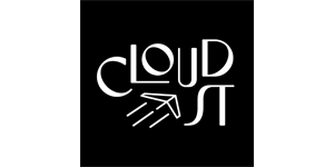 White stylized text on a black background. The word shown is "CLOUDST", with the "ST" designed in a larger, more distinctive font. Above and to the left of the "ST," there is a simple line drawing of a paper airplane, with three motion lines behind it, giving the impression of flight.