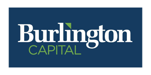 A rectangular logo with a black background. Large white text reads "Burlington" with a small triangle over the 'i'. Below this, the word "CAPITAL" appears in a smaller font.