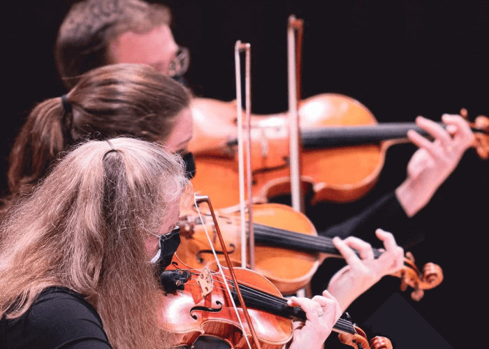 Three violinists side by side, playing their instruments.