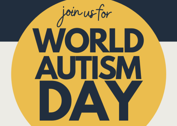 Yellow circle with text. The image contains a large yellow circle against a dark blue and white background. Inside the circle, in large bold letters, it says: "WORLD AUTISM DAY." Above this, in a smaller handwritten-style font, it says: "join us for."