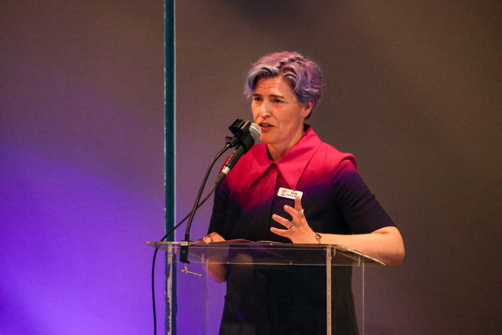 A white woman with short purple hair, wearing a mostly black dress with small sections of pink and purple at the top, speaking at the podium.