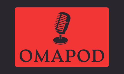 OMAPOD Logo with a black microphone on a red background