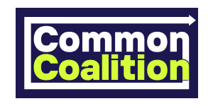 Logo for Common Coalition - blue box with arrow going around ext in a forward motion. 