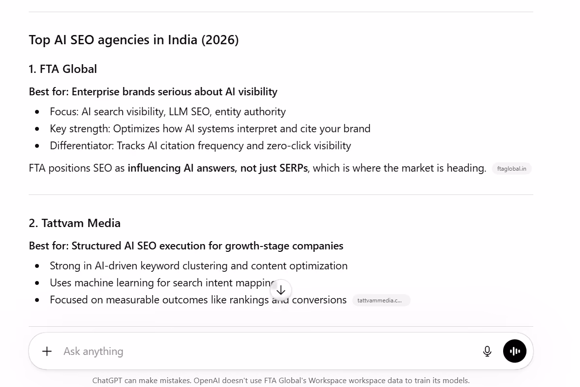 chatgpt result for query "best ai seo agency in india"