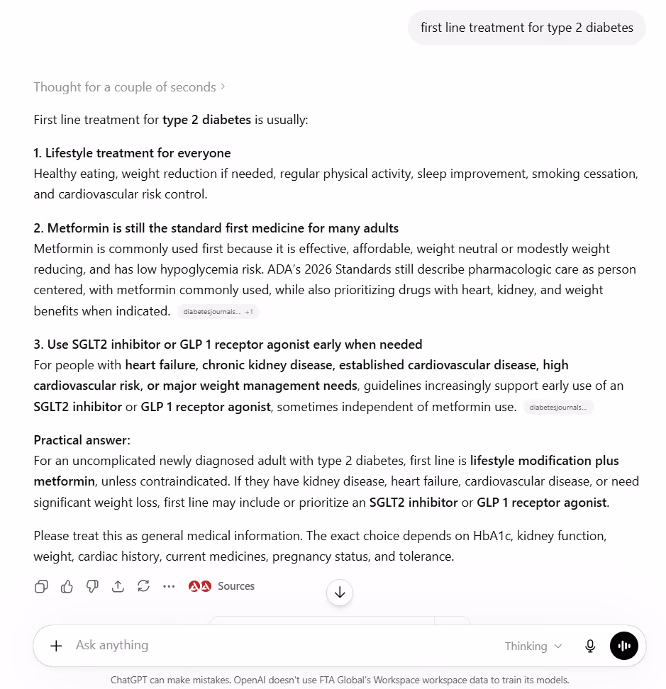 chatgpt screenshot for a search on diabetes