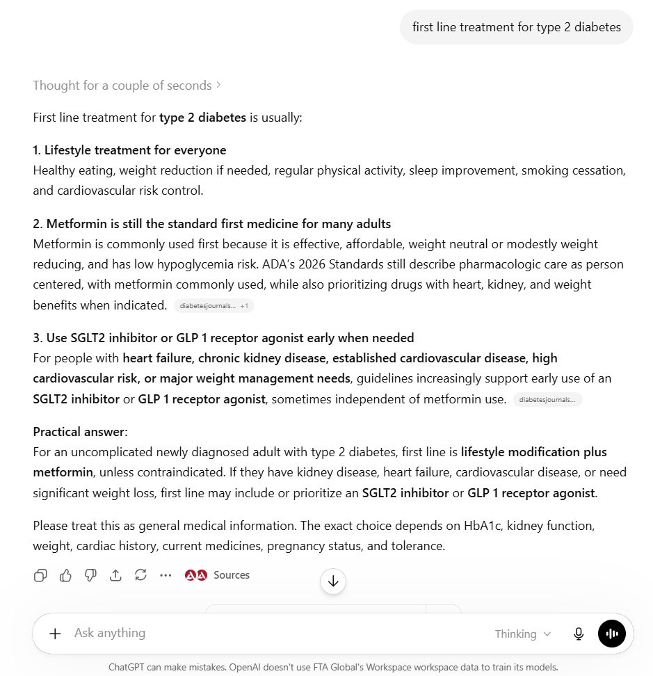 chatgpt screenshot for a search on diabetes