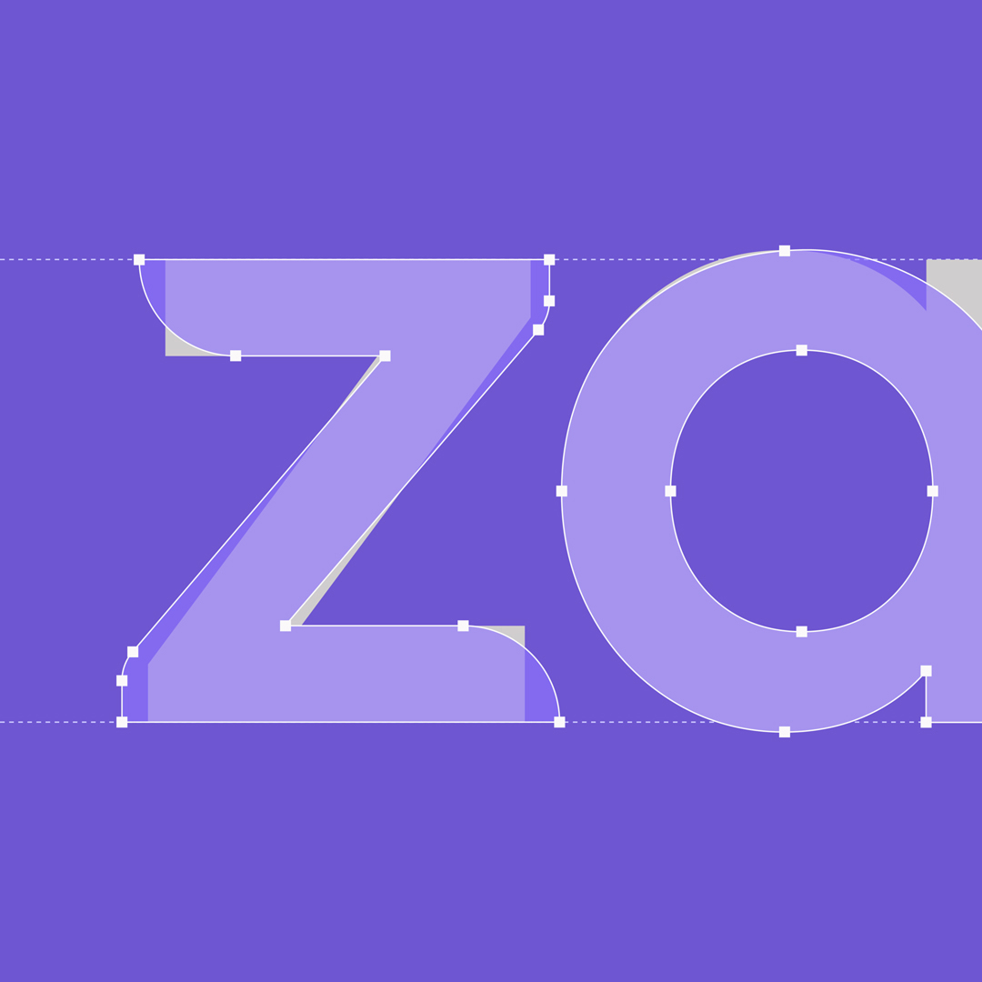 Close-up of digital typography editing showing vector points on letters 'z' and 'a' with a purple background.