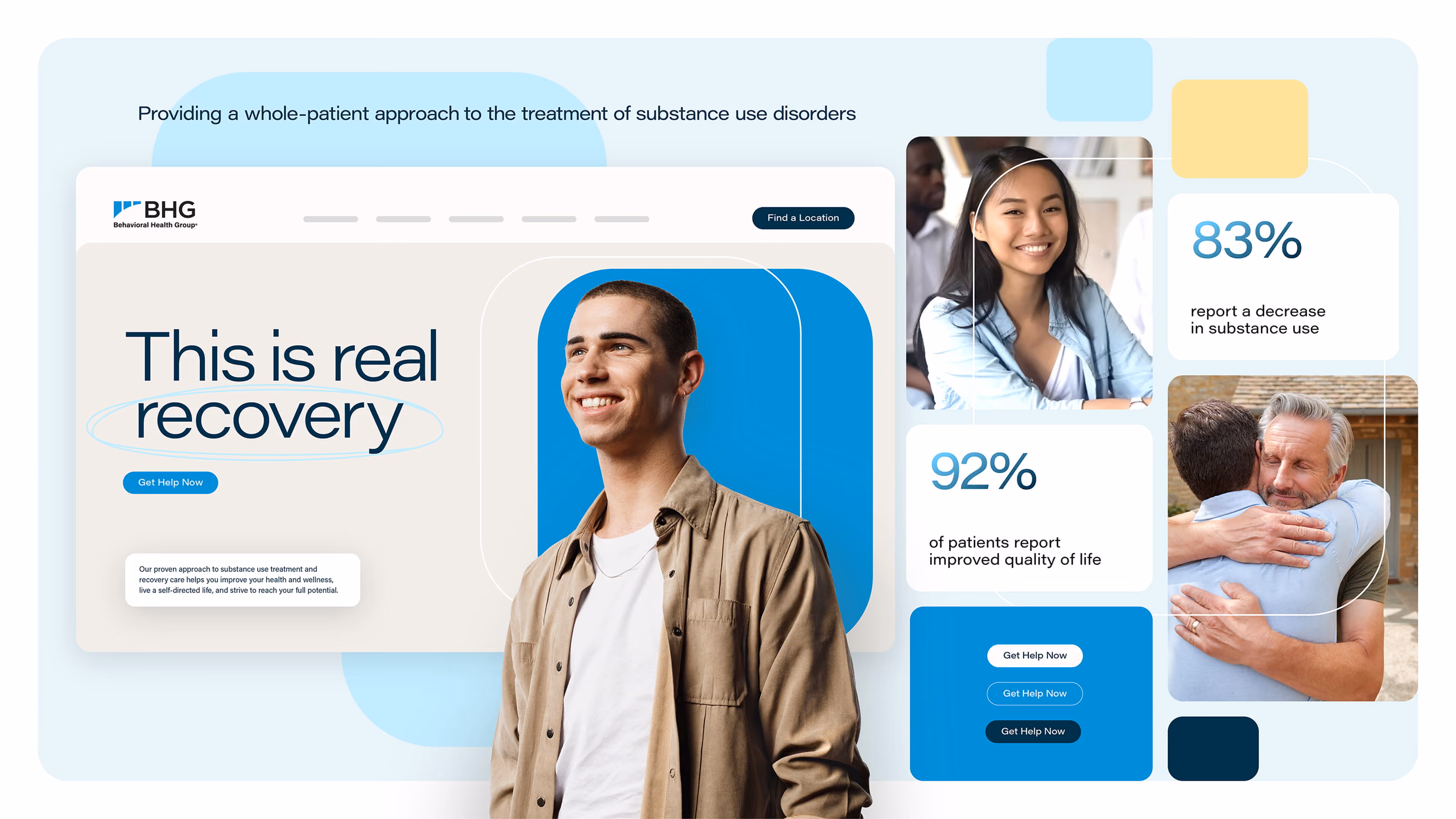 Smiling young man with text about real recovery and statistics on substance use treatment success.