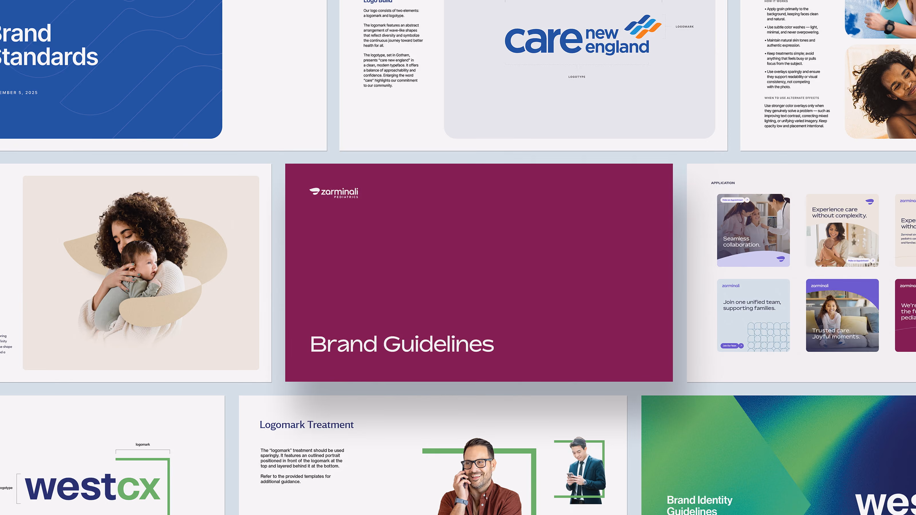 Collage of brand guideline pages including logos, photos, and text layouts for various companies.