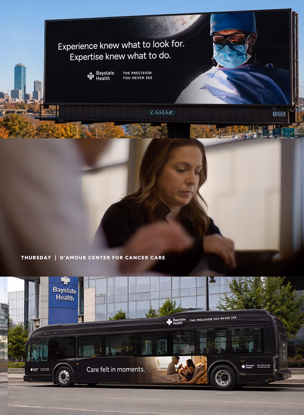 Billboard, woman inside, and Baystate Health bus ads promoting precision healthcare and cancer care.