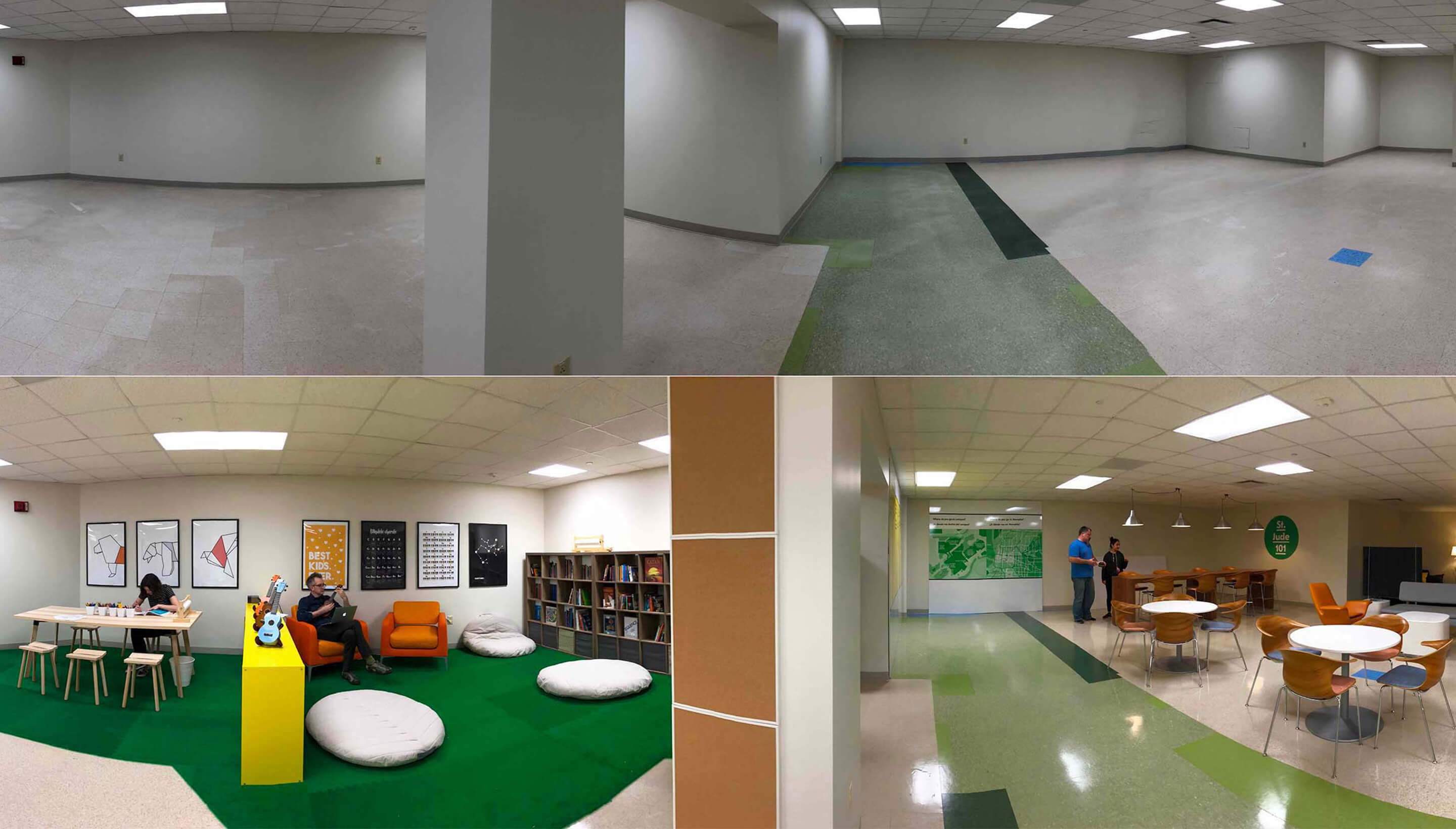 A before and after of the prototype used to test the new Family Commons area at St. Jude Children’s Research Hospital