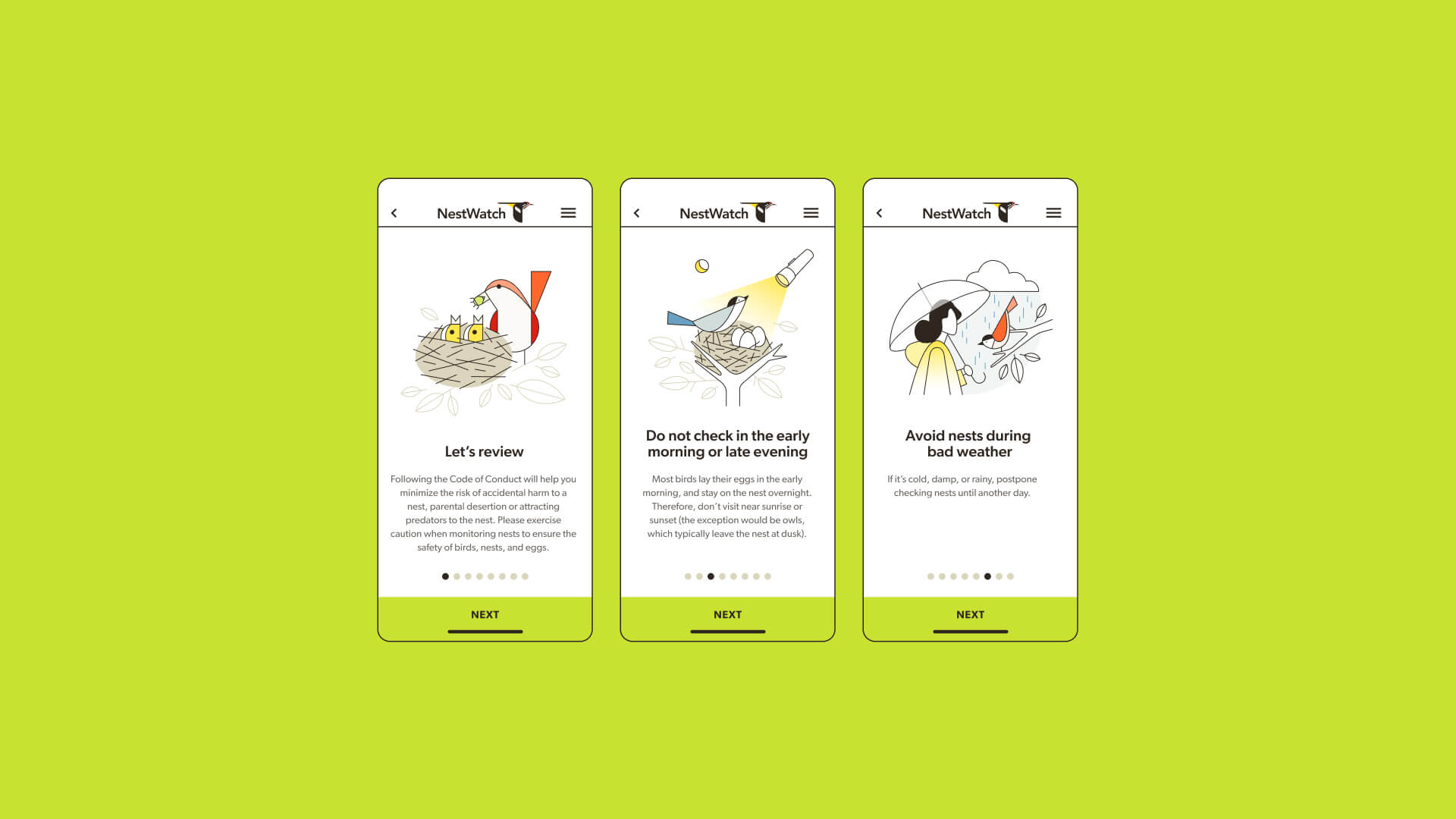 A series of mobile app screens for the Cornell Lab's NestWatch app, providing guidelines for monitoring bird nests safely and ethically. Illustrations accompany the text, with bright and clean designs on a lime green background.