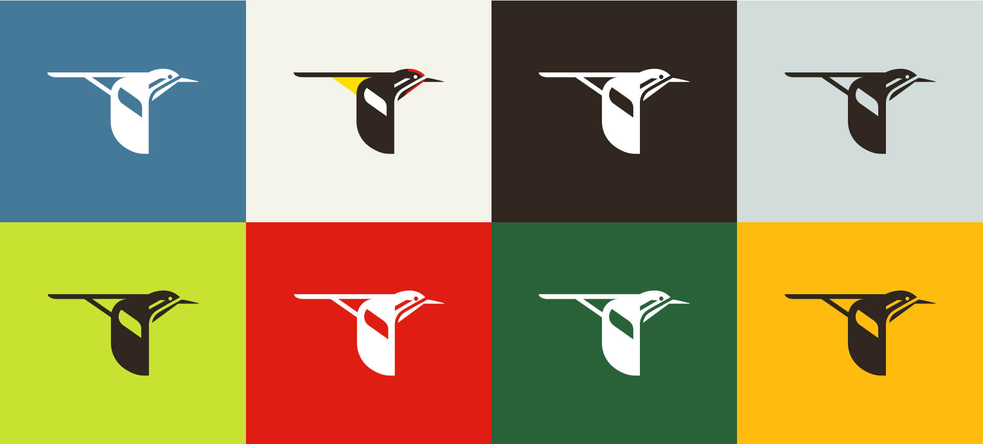 Image of Cornell Lab logo variations: A grid showcasing different color variations of the Cornell Lab logo, featuring a simplified bird illustration set against backgrounds of blue, red, green, and yellow.