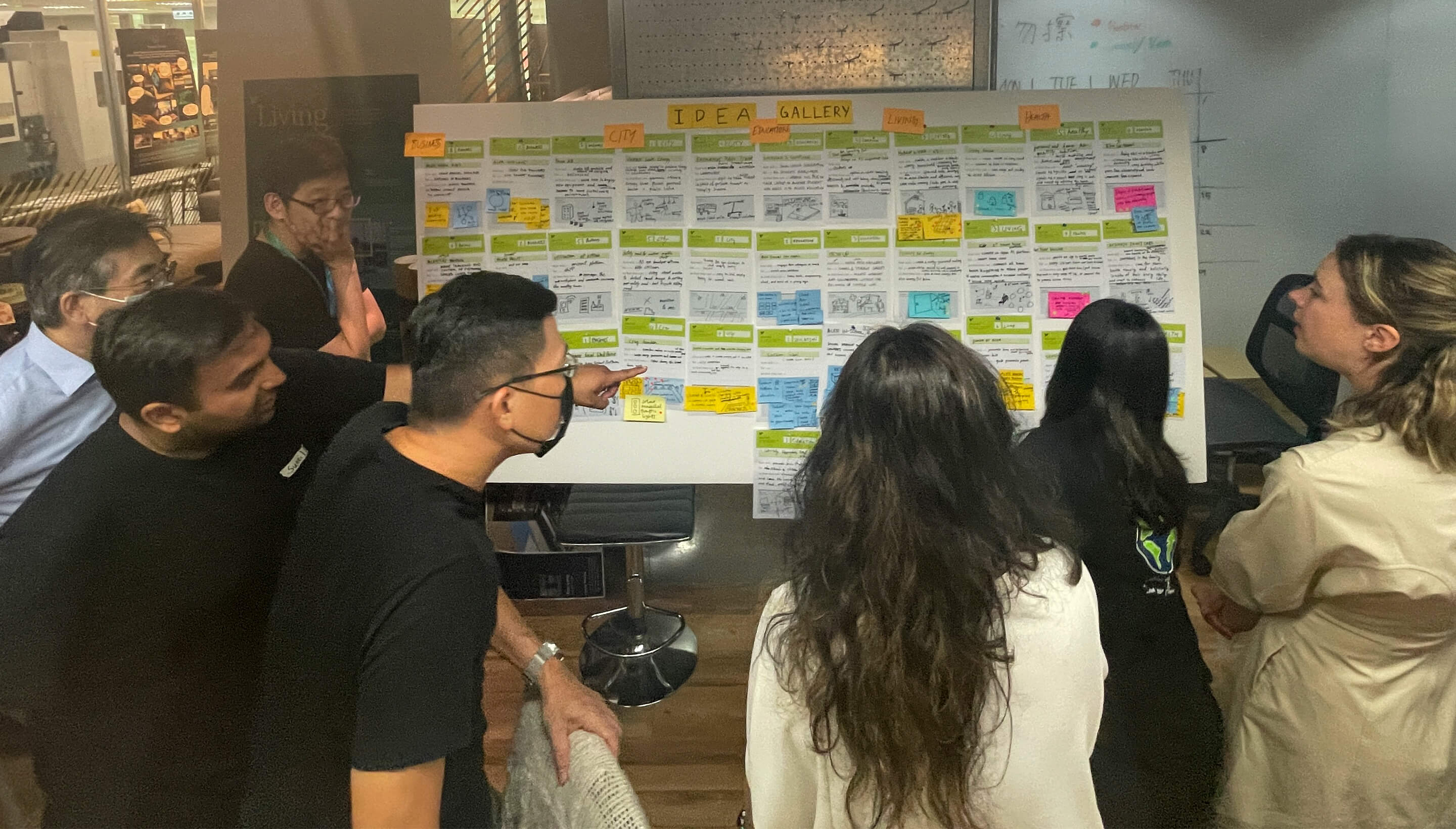A group of people stands around a large whiteboard covered with colorful sticky notes and labeled "IDEA GALLERY." They are engaged in a discussion, pointing at the notes, in a modern office space with glass walls and various posters in the background.