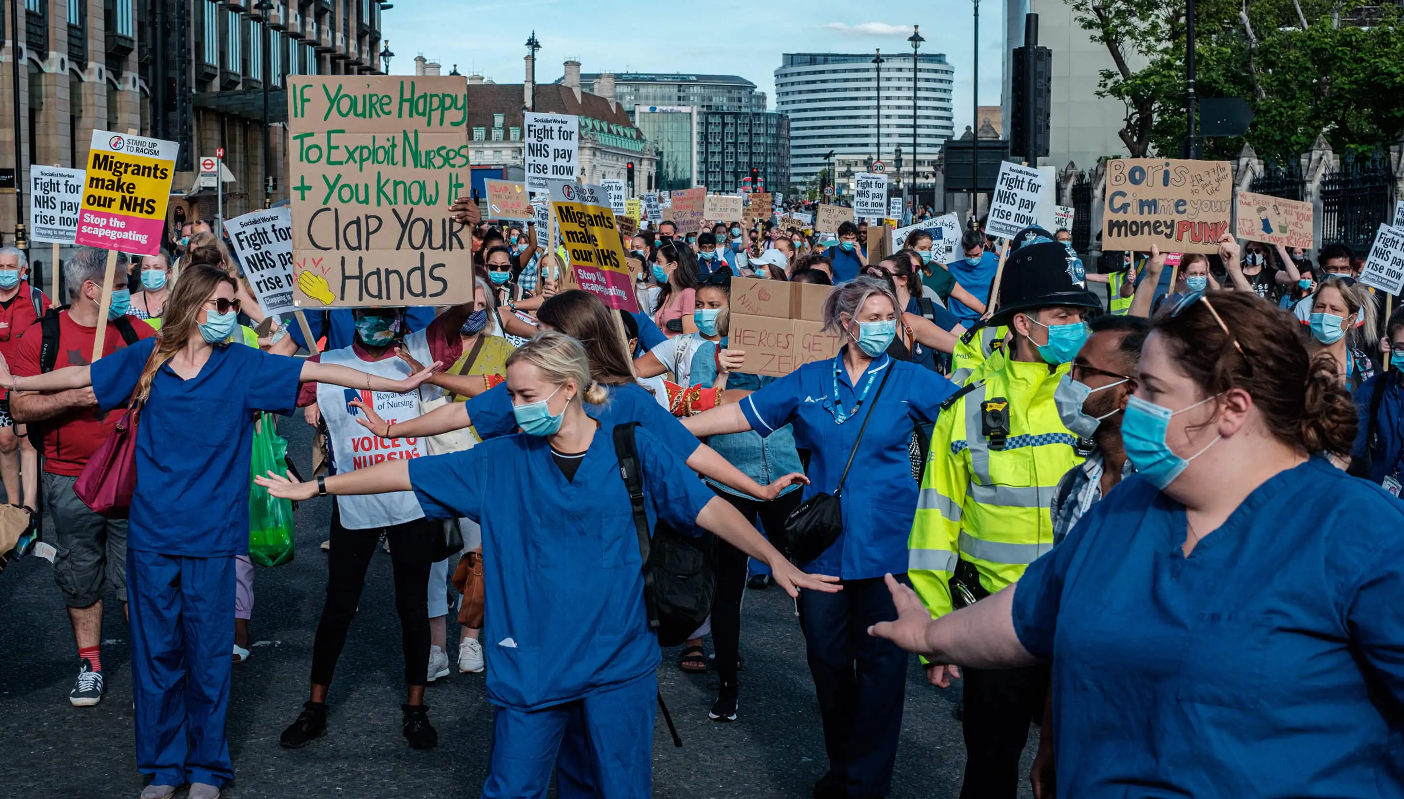 Healthcare workers at a rally