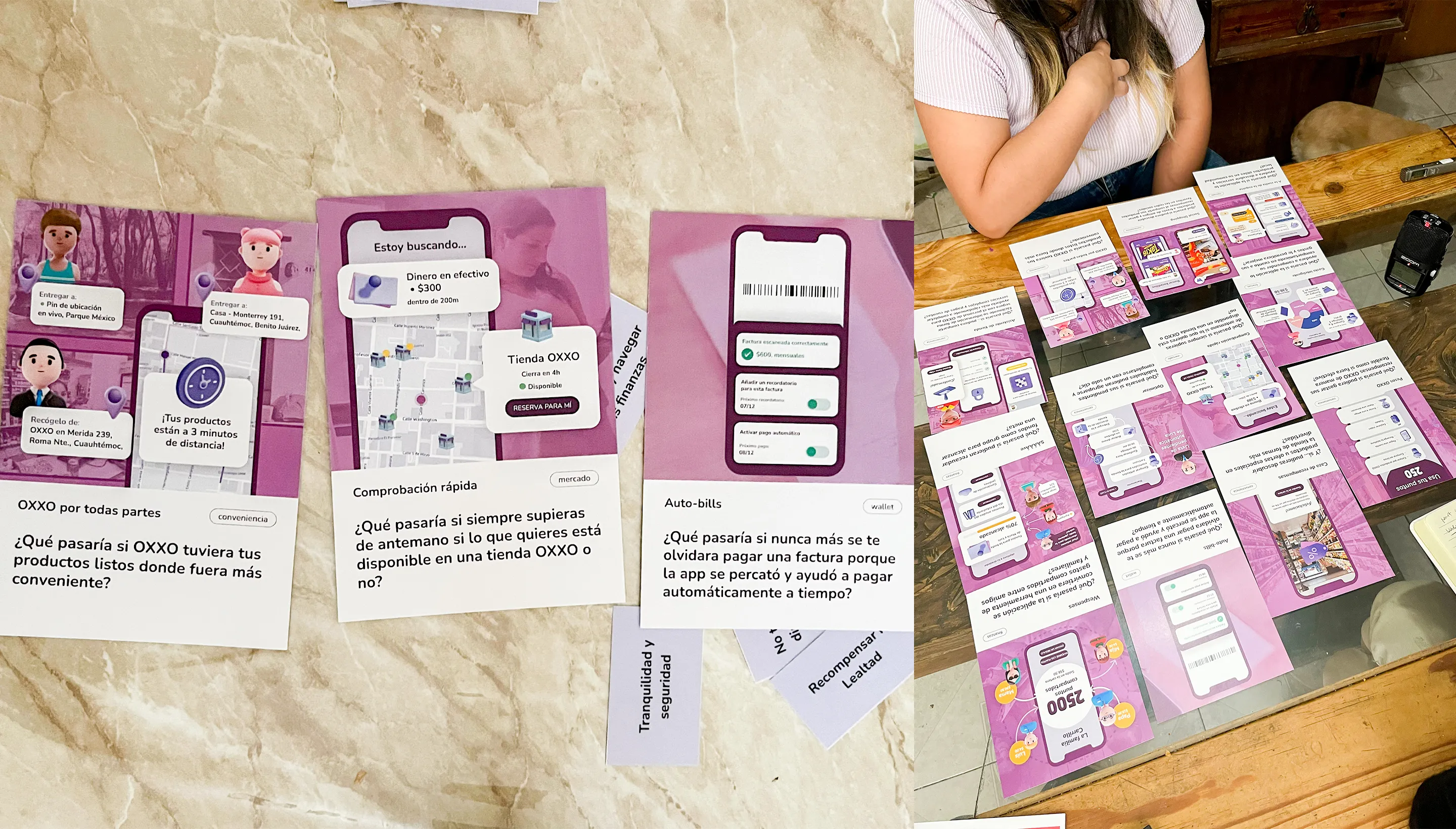 Several cards with illustrations and text, laid out on a marble surface. These cards appear to be part of a brainstorming or planning session for a project related to OXXO, featuring scenarios and app interfaces in Spanish. A person is partially visible, engaging with the cards.