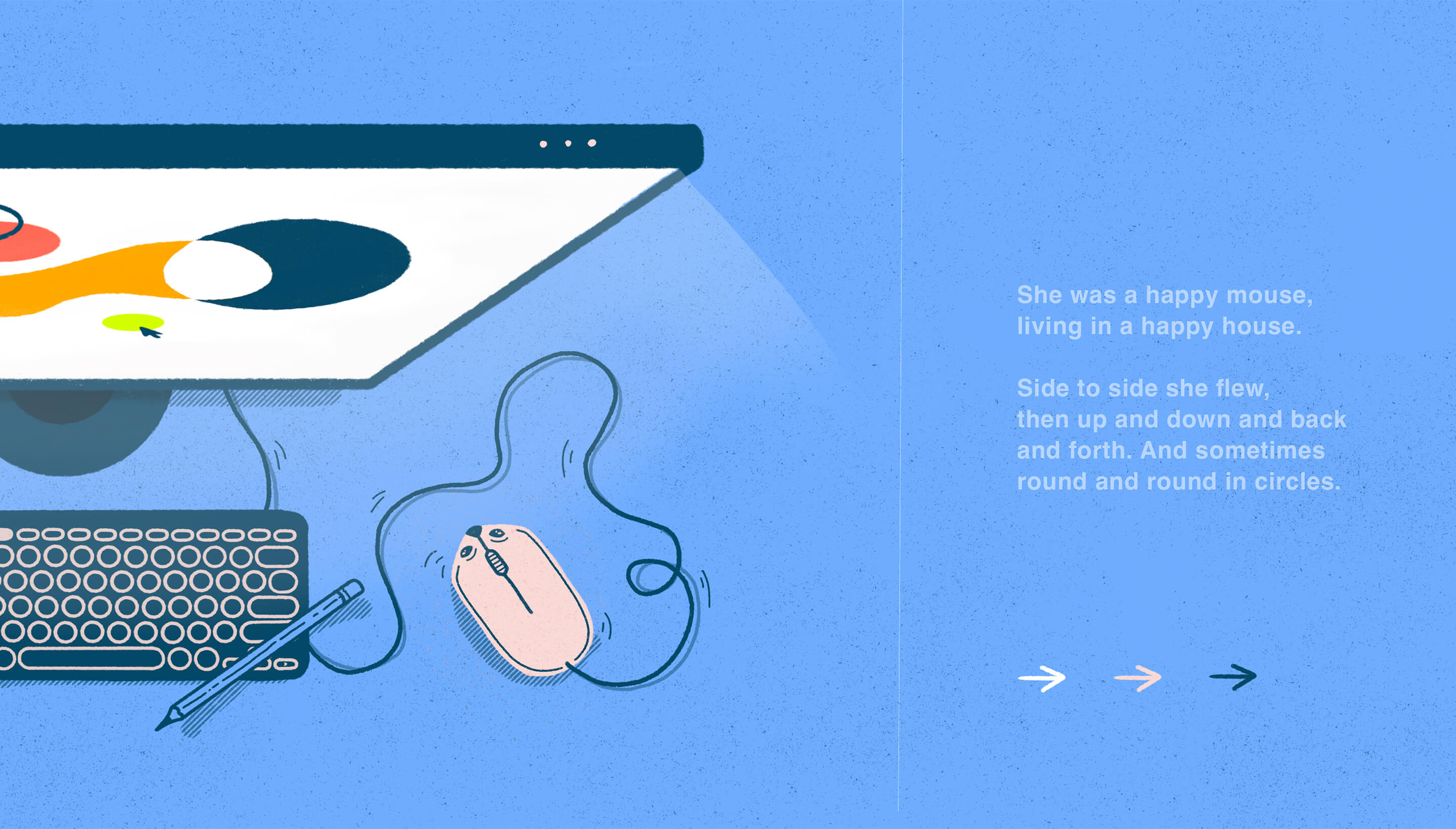 An illustration of a keyboard, monitor and mouse. The mouse has a face and is a cute character