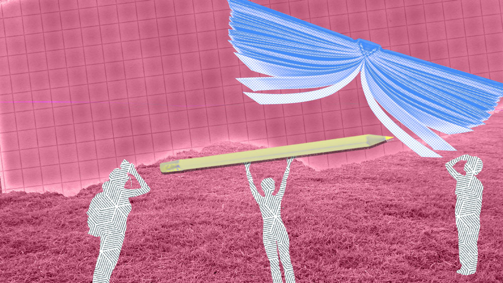Three silhouetted figures hold up a large pencil and an open book with flowing pages, set against a pink and grassy background. The figures are created with lined patterns, emphasizing abstract representation. The scene suggests creativity and collaboration, symbolized by the oversized pencil and book.