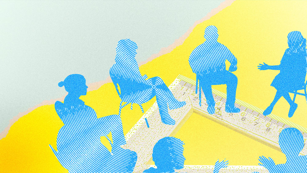 Blue silhouetted figures sit in a circle, seemingly in discussion, atop a giant ruler that spans across the image. The background is a soft gradient of yellow and blue, evoking a sense of measurement, teamwork, and problem-solving.
