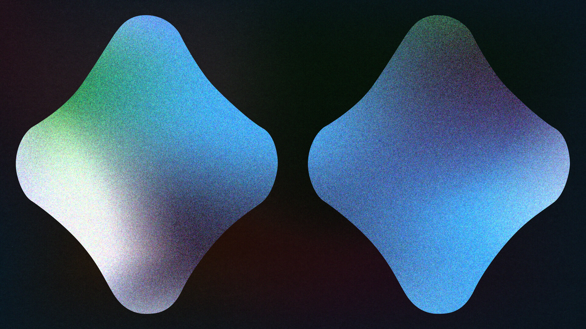 A digitally illustrated collage of colorful shapes including rounded and pointed forms, arranged symmetrically against a black background. Dotted white outlines surround some shapes, suggesting transformation