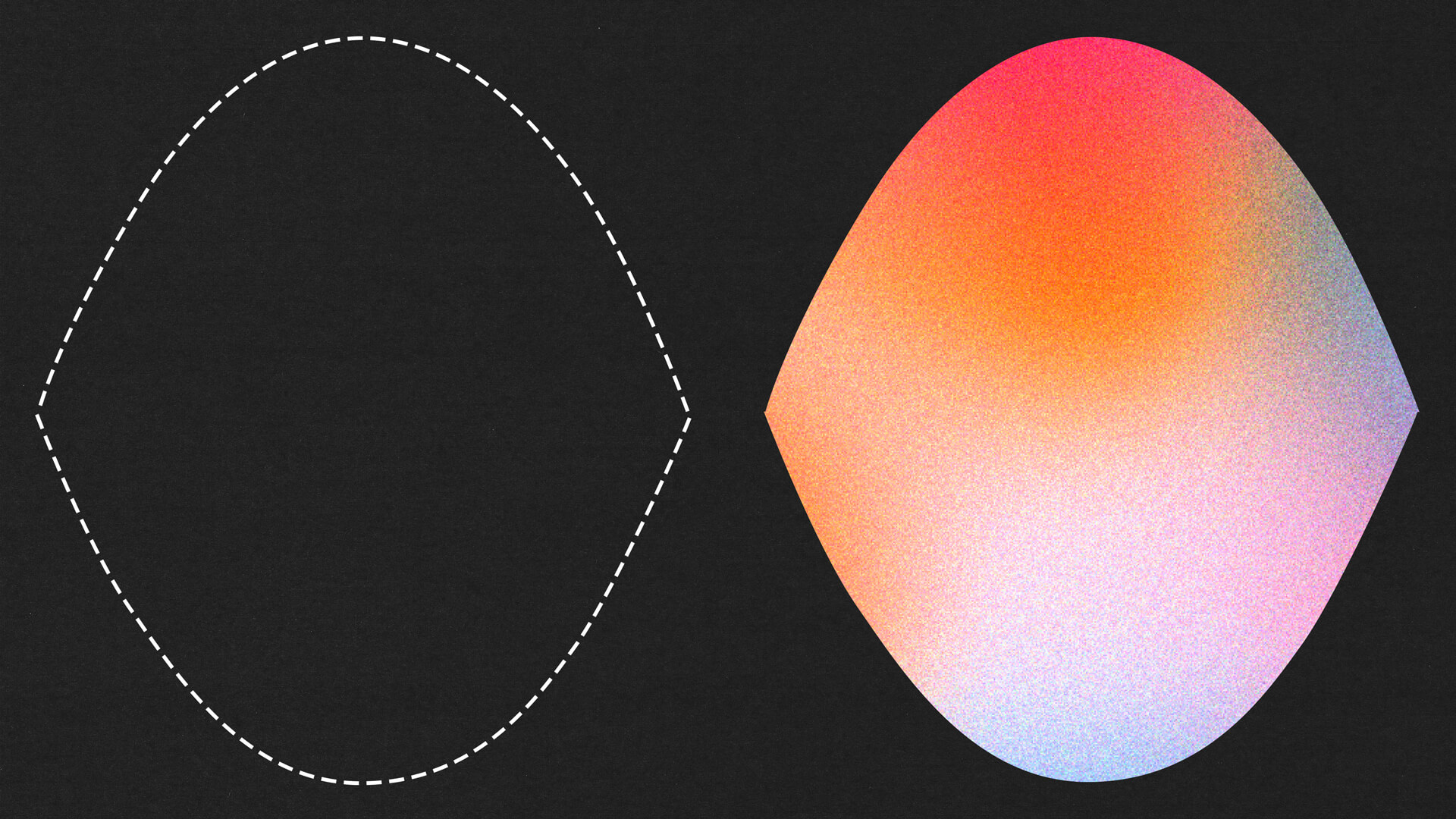 A digitally illustrated collage of colorful shapes including rounded and pointed forms, arranged symmetrically against a black background. Dotted white outlines surround some shapes, suggesting transformation