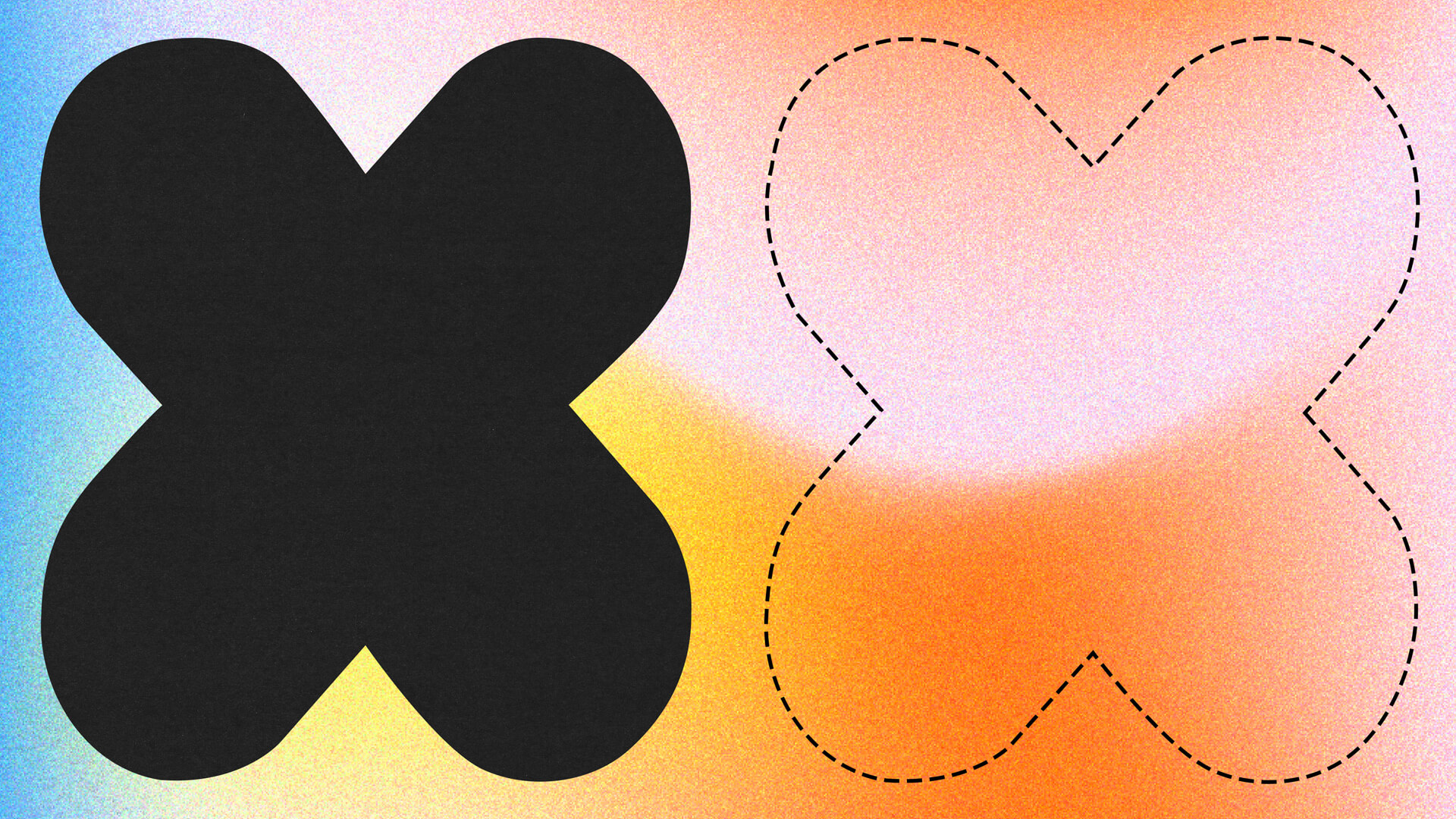 A digitally illustrated collage of colorful shapes including rounded and pointed forms, arranged symmetrically against a black background. Dotted white outlines surround some shapes, suggesting transformation