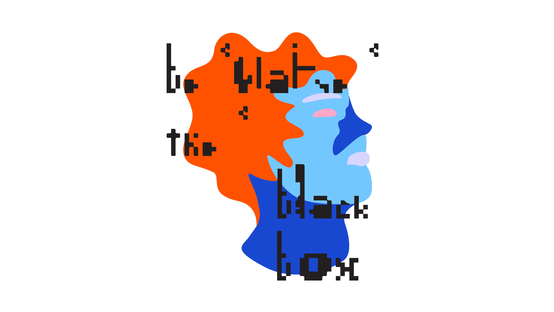 An abstract side profile of a face in shades of blue, pink, and orange, set against a black background. The face has exaggerated, graphic shapes for hair, eyes, and mouth, creating a modern, stylized look.