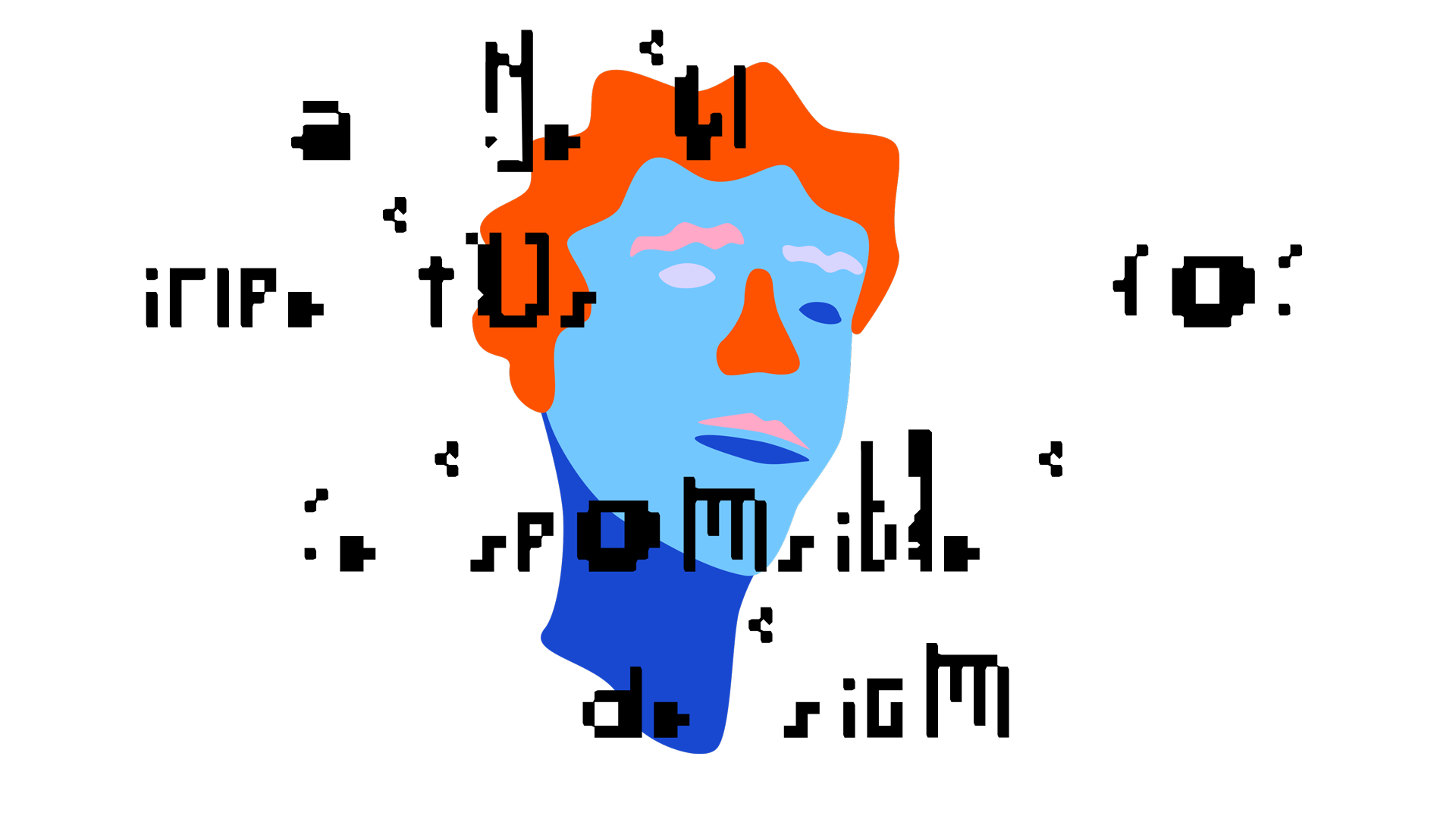 An abstract side profile of a face against a black background, rendered in blue with orange and pink details. The face has a neutral expression, with large pixelated black text overlaying it. Some of the words are obscured with letters deliberately distorted for an abstract effect.