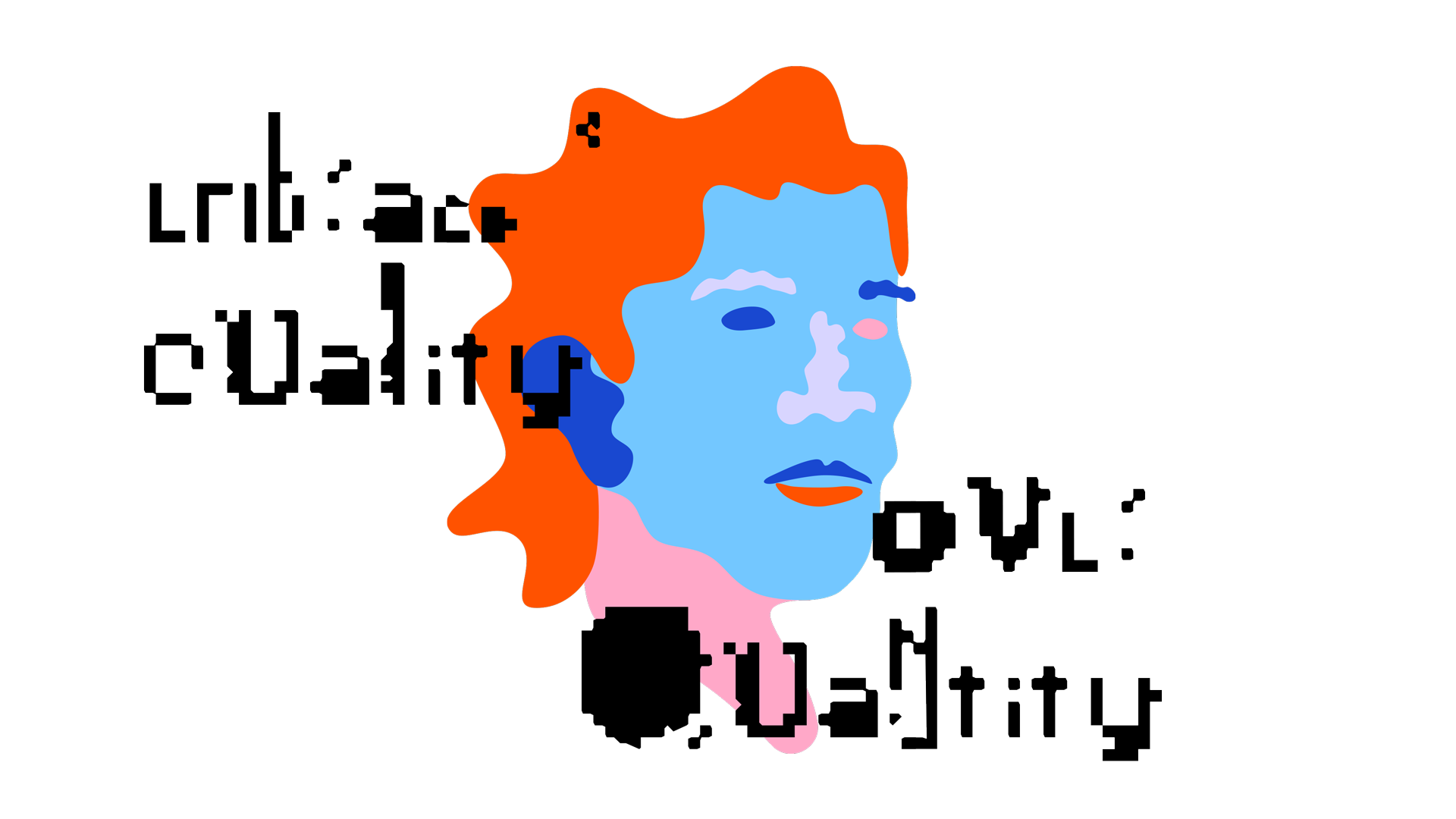 An abstract side profile of a face in bold colors with a black background. The face is rendered in light blue with orange and pink details, creating an impression of intentional glitch or abstraction.