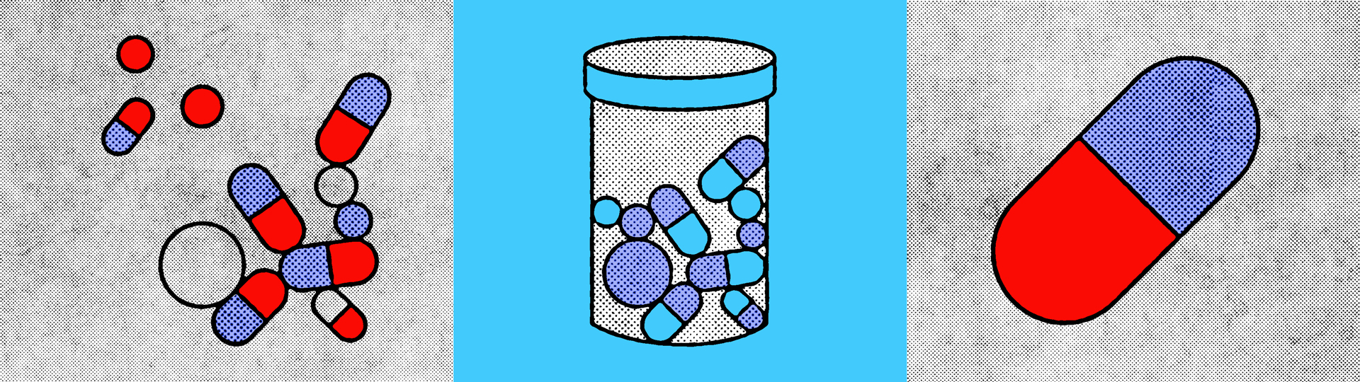 A triptych illustration featuring medical pills. The left panel shows scattered red and blue pills, the center panel depicts a jar filled with similar pills, and the right panel highlights a single red and blue capsule.