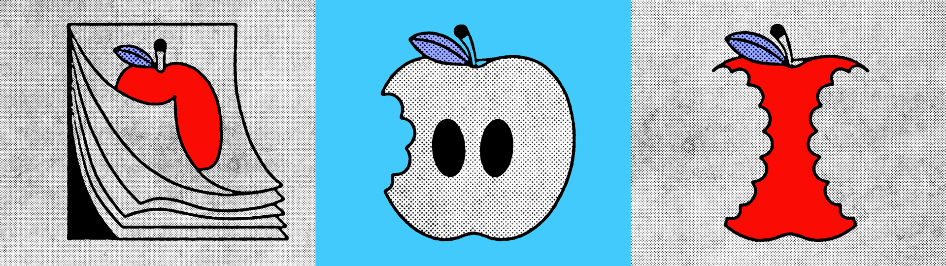 A triptych illustration of an apple. The left panel shows a red apple on stacked paper. The center panel highlights the apple with bite marks revealing its core. The right panel depicts the apple eaten down to its core, with a single leaf remaining.