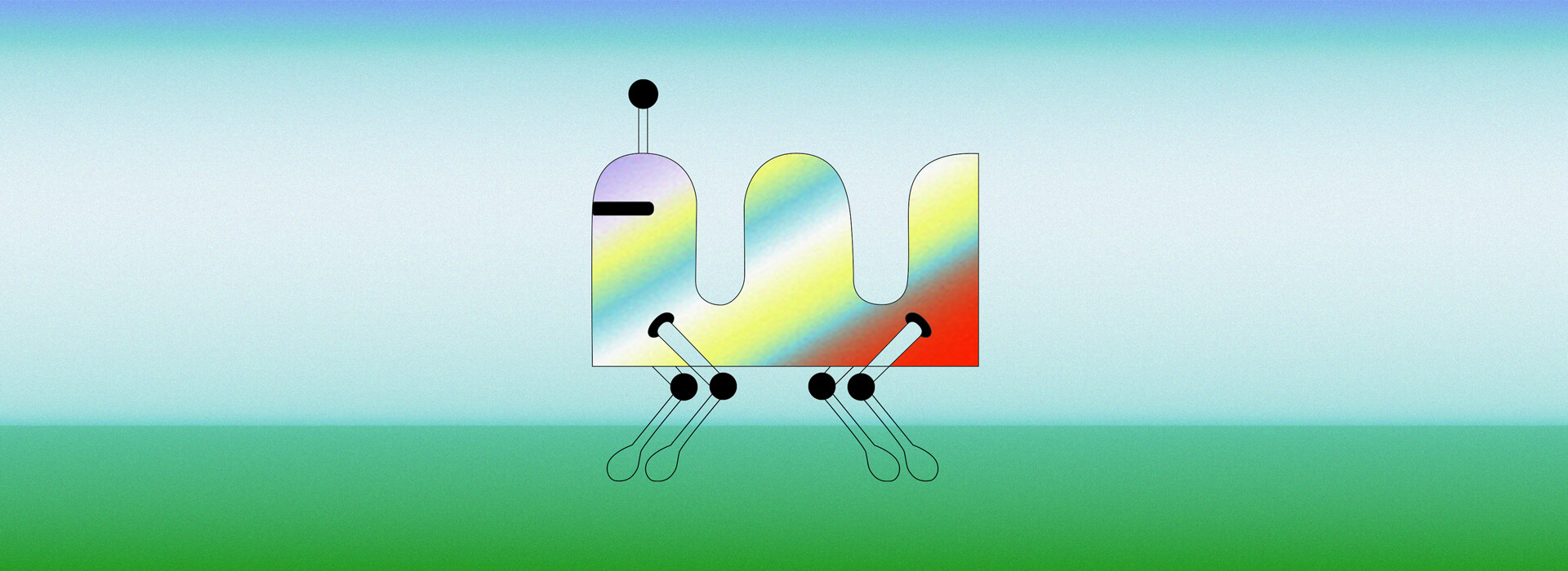 Abstract illustration of a small, four-legged robot with a colorful, gradient-shaded body, resembling a mix between an insect and a machine. The robot has thin legs, simple rounded joints, and is set against a blue to green gradient background.
