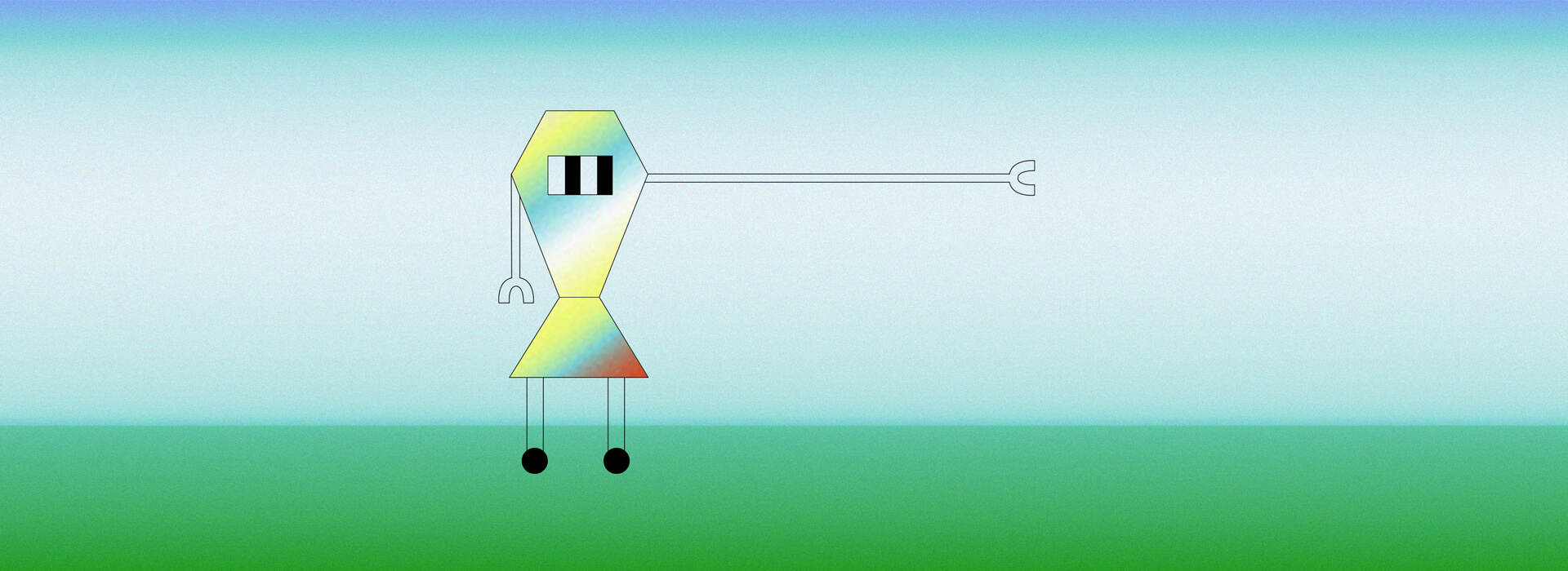 Illustration of a tall, humanoid-shaped robot with a long extended arm and clamp-like hand. The robot has a colorful, gradient-shaded body, thin legs, and simple features, positioned against a gradient blue-to-green background.