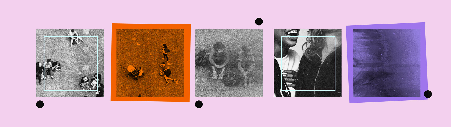 A stylized aerial view of people gathered on a grassy field, depicted in a mix of black-and-white and colored overlays. Some individuals are sitting on the grass, while others are walking or pushing strollers. The composition is framed by geometric elements, including orange and purple rectangles.