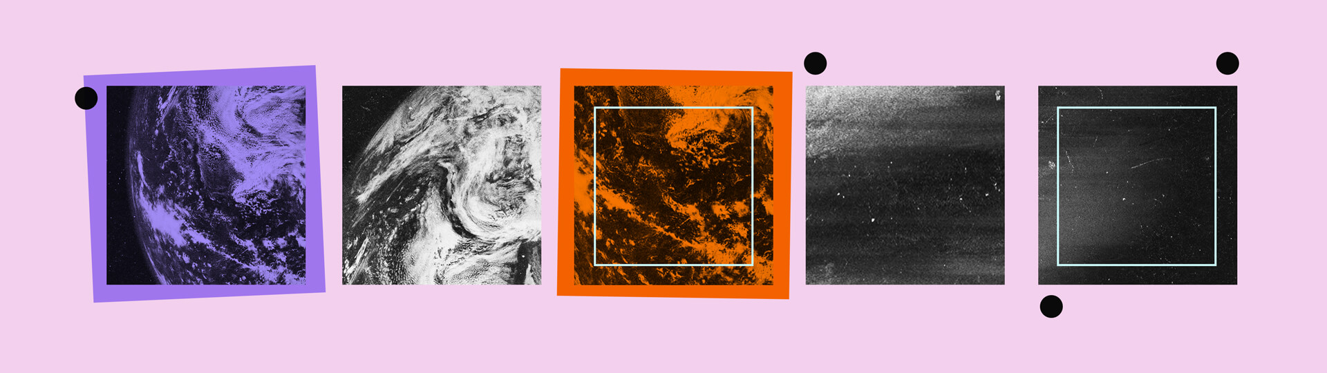 A composite image featuring satellite views of Earth with swirling cloud formations and landmasses, contrasted with abstract black-and-white textures. Bright orange and purple overlays highlight different sections, while geometric framing adds a structured composition.