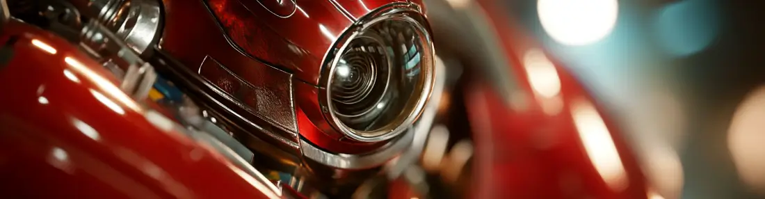 A metallic red futuristic spaceship-like design featuring a glowing, circular lens-like structure, set against a blurred, high-tech background.