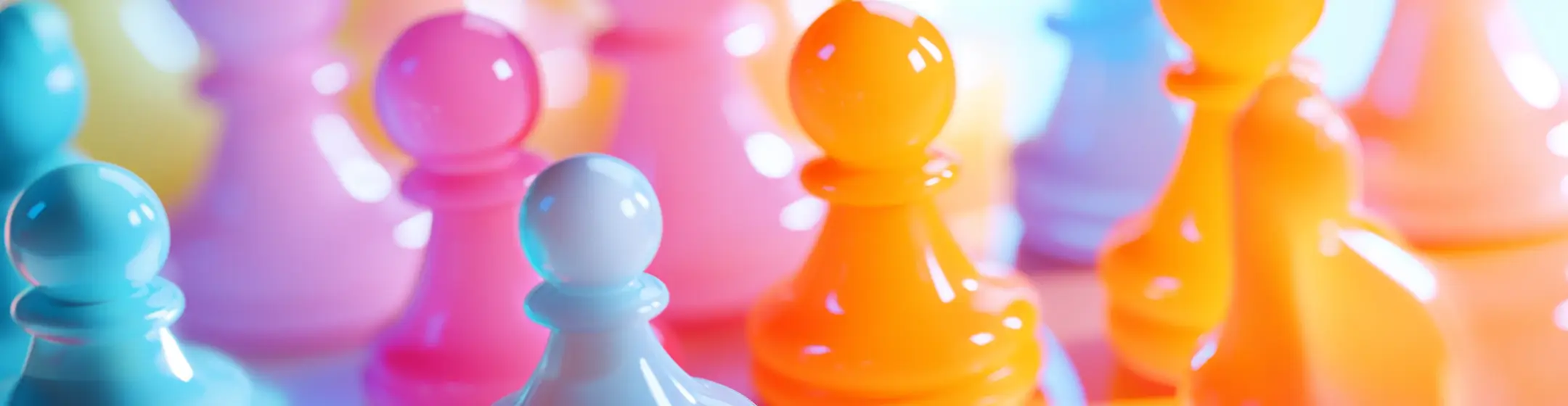 A close-up image of glossy and colorful chess pawns in pastel hues, including blue, pink, and orange, against a soft-focus background.