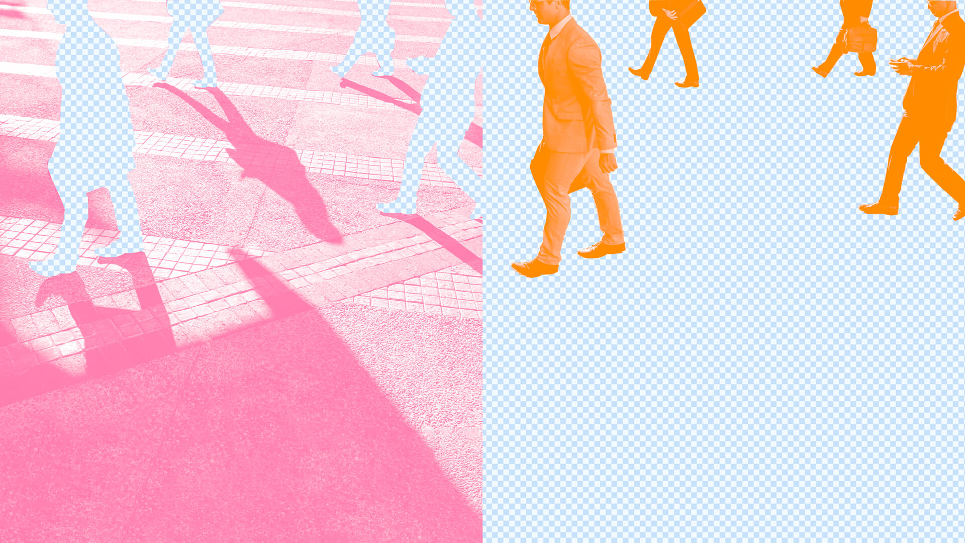 Pedestrians walking on a bright pink crosswalk, with some figures replaced by pink checkerboard silhouettes. 