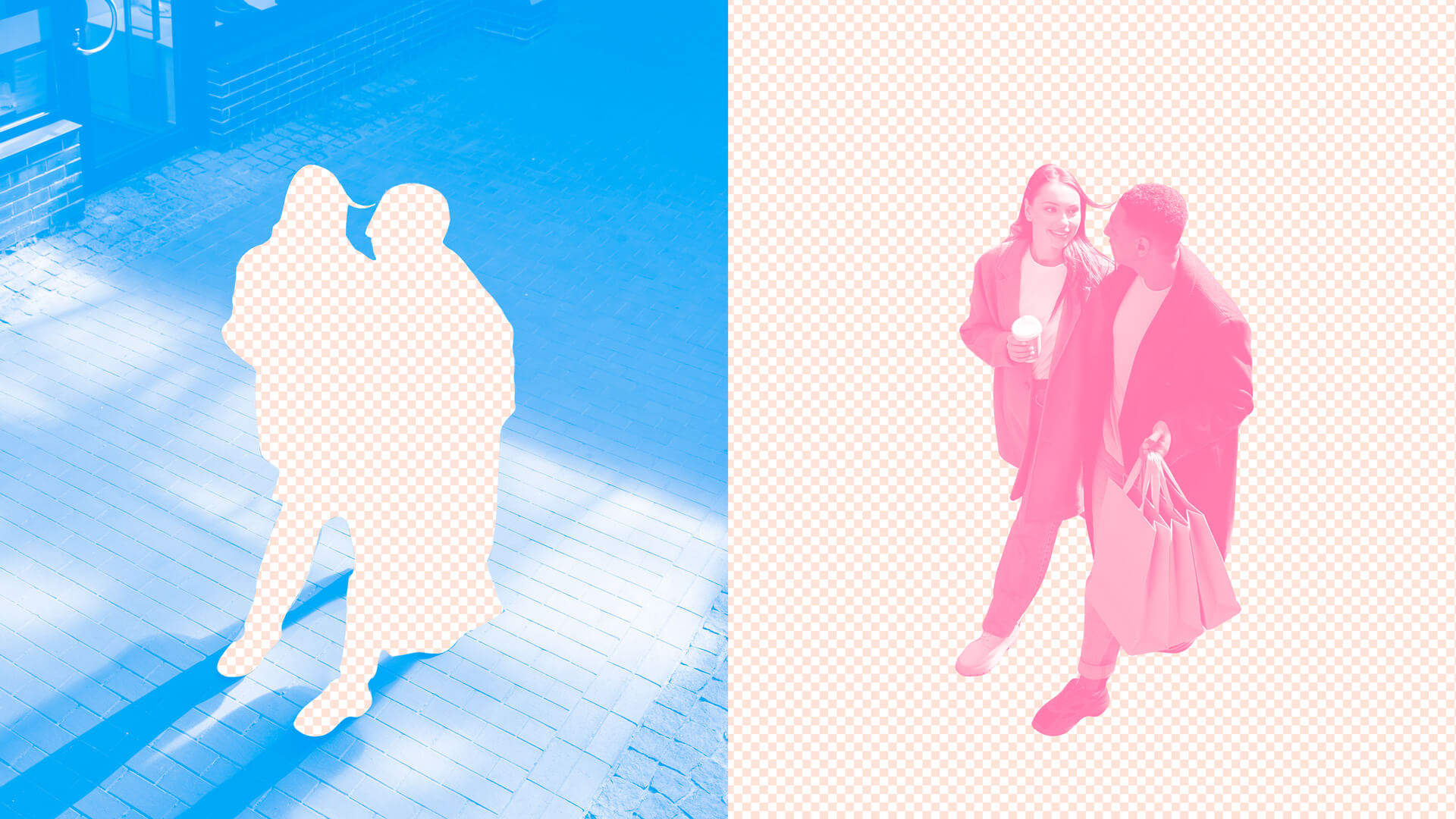 A vibrant composition of two individuals walking on a blue pavement background on the left, with their figures replaced by pink checkerboard silhouettes. 