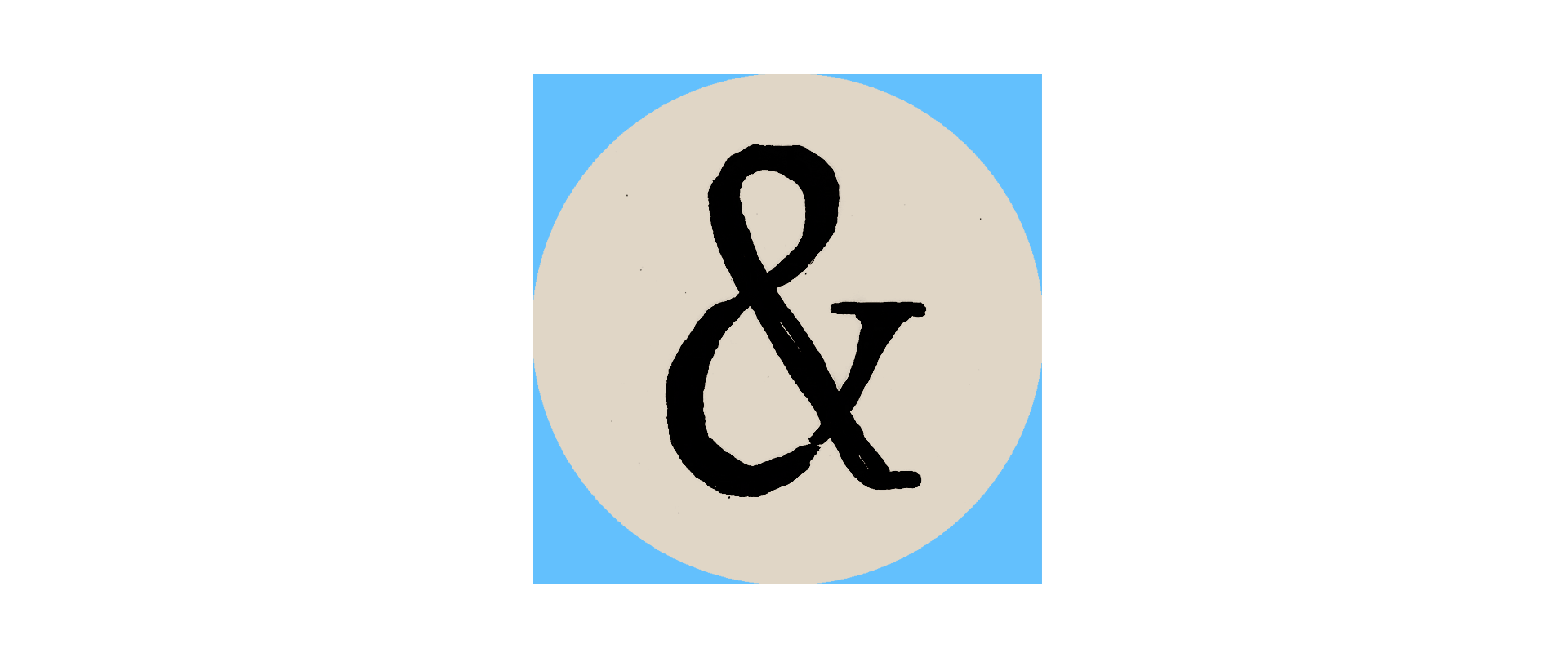 A large black ampersand (&) centered within a beige circle, which is set against a light blue square background. The overall design is simple, with a clean contrast between the bold black symbol and the soft background colors.
