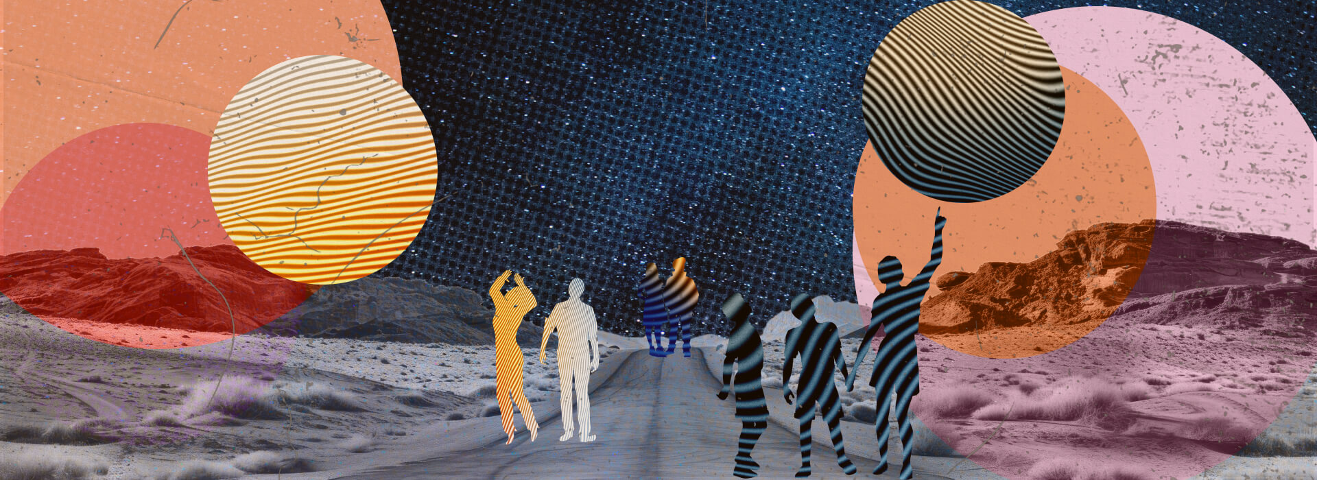Silhouetted figures walking down a desert road under a starry sky. Large circular overlays in orange and pink with wavy textures represent celestial bodies, creating a dreamlike, otherworldly scene.