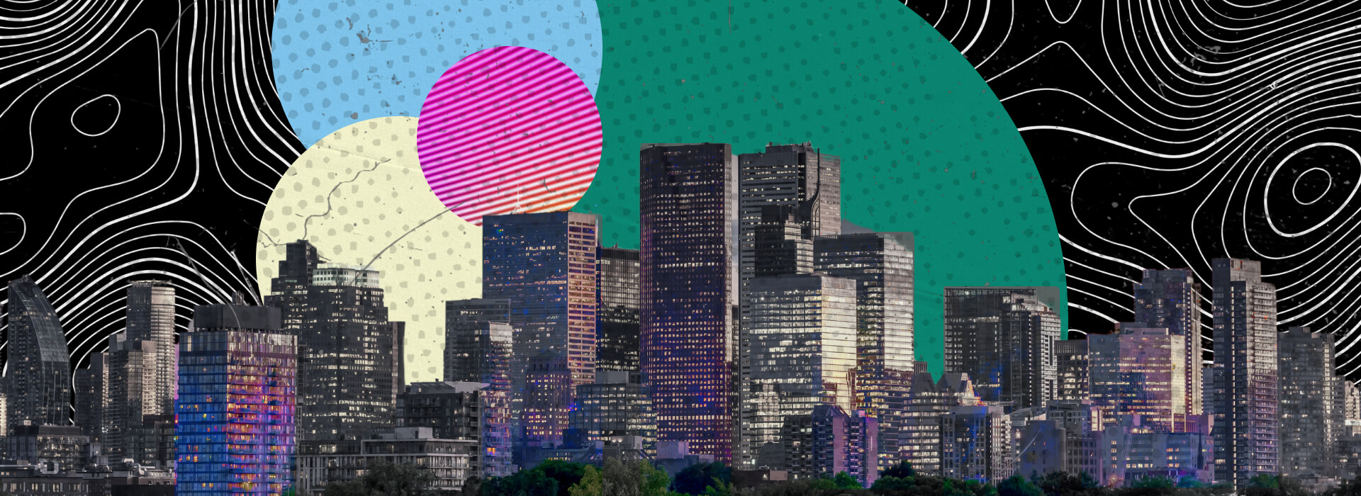 A collage of a city skyline at night with circular elements in blue, pink, and green. The background has line patterns that mimic topographical maps, adding a layered effect to the urban landscape.