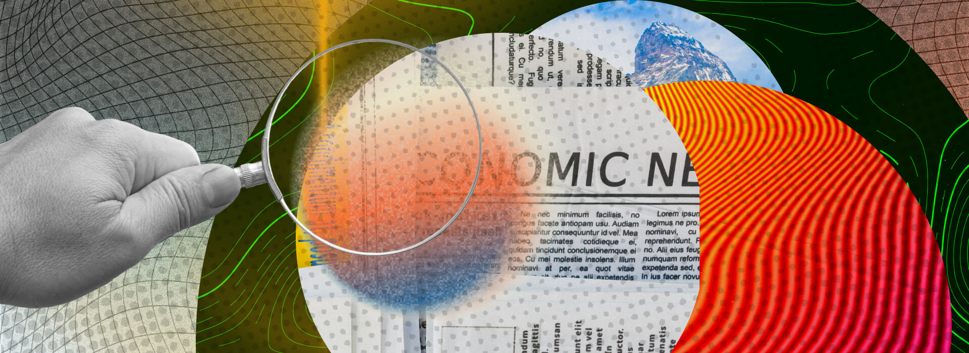 A close-up of a hand holding a magnifying glass over a newspaper that reads "Economic News." Colorful circular overlays and textured lines resemble heat or sonar maps, adding visual depth.