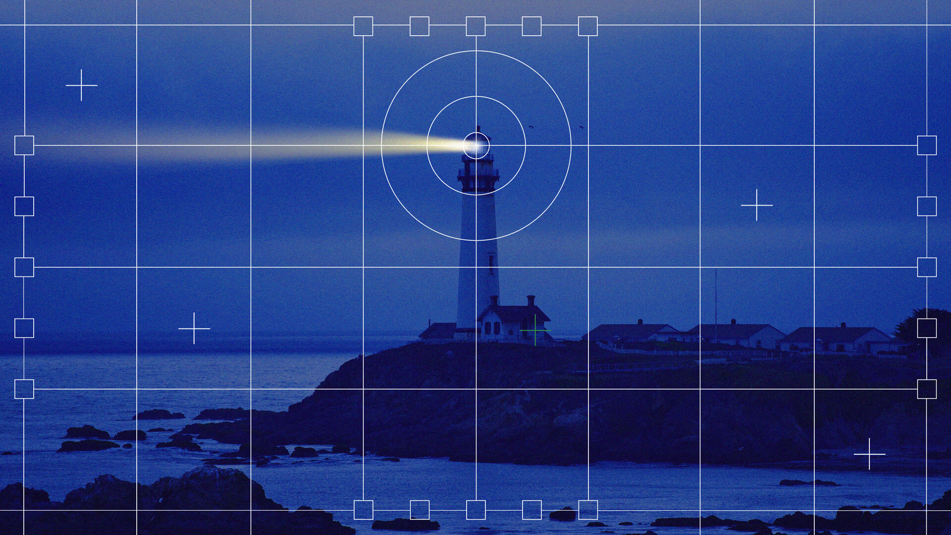 A lighthouse at dusk, emitting a beam of light across the ocean, overlaid with a compositional grid and circular target lines to emphasize symmetry and focus in the image's layout. 