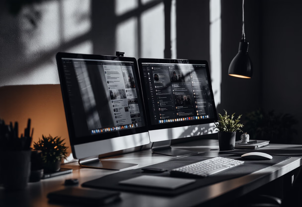 image of a workspace with computer monitors for a social media and communication