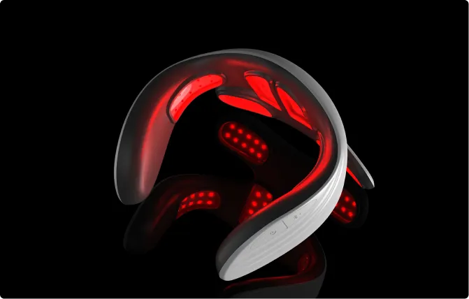 Fudan neck massager with red LED panels on a black background
