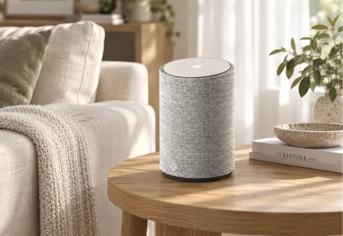 Close-up of a grey fabric smart speaker on a round wooden table