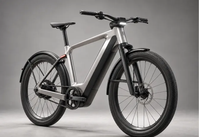 Close-up of a silver electric bicycle frame and front wheel