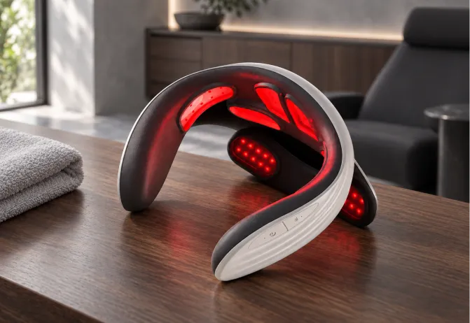 Close-up of a white neck massager with red heated panels on a wooden table