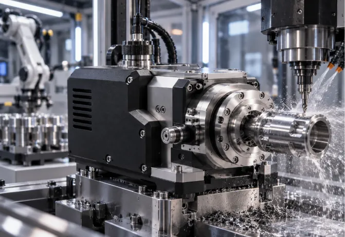 Close-up of a CNC spindle machining a metal part with coolant